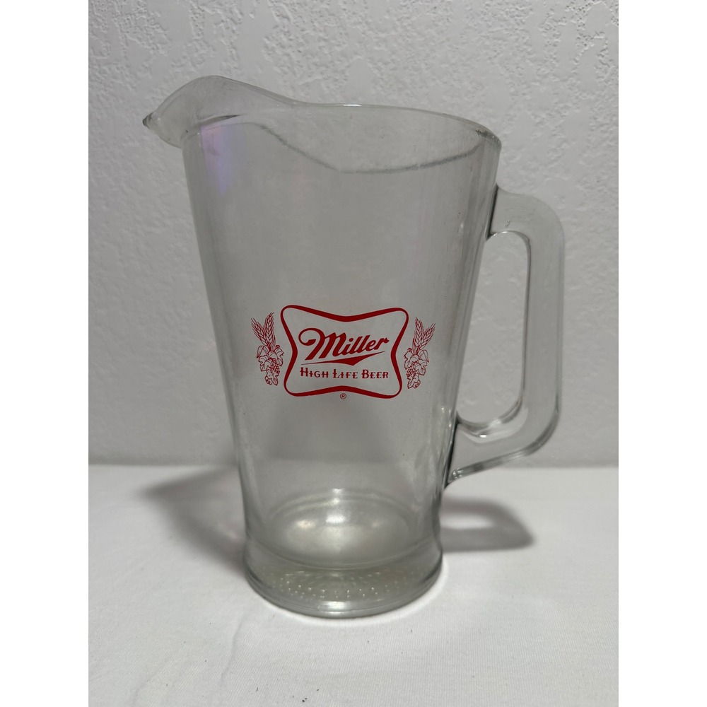 Vintage Miller High Life Beer Glass Pitcher Clear Red Logo Barware 64oz 2 Quart